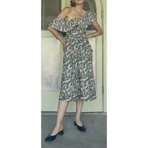 Whit NY Sophie Midi Dress Womens 8 Green Leaf Print Poplin Ruffled One Shoulder